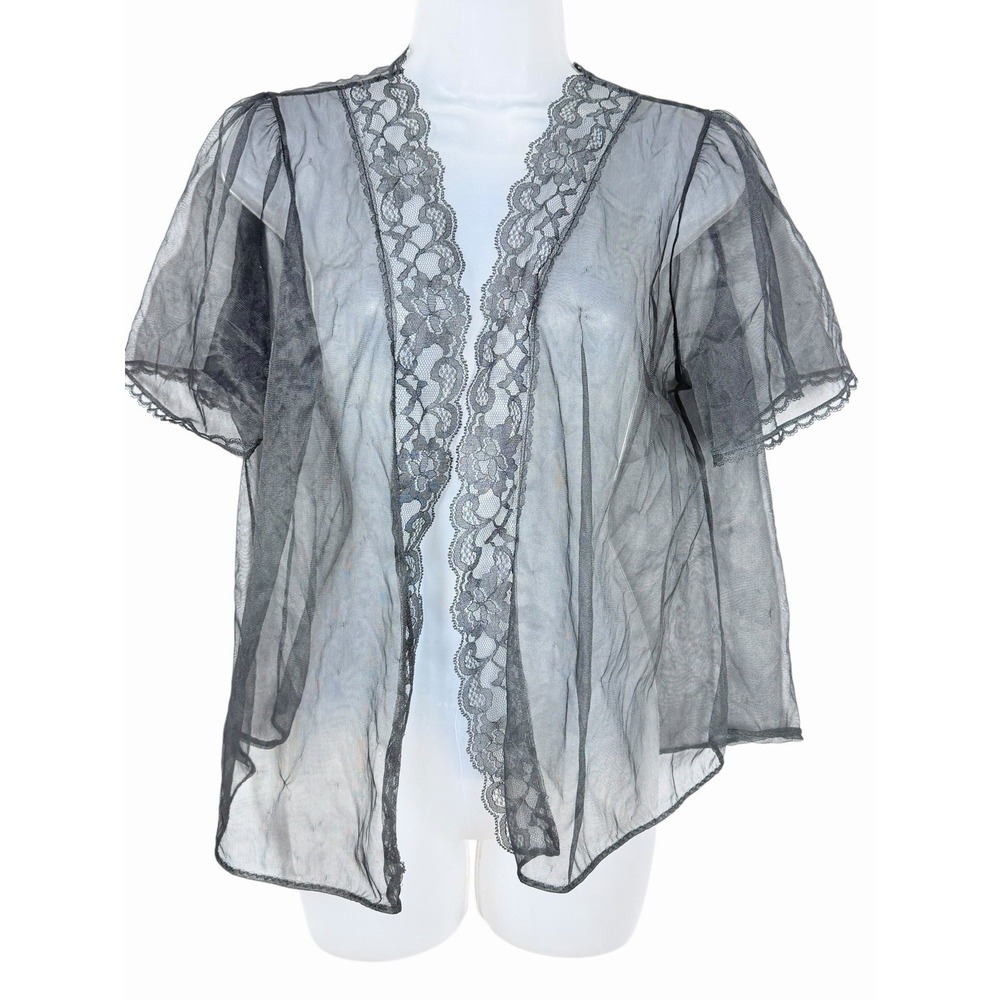 Vintage 1970s Black Sheer Lace Topper Cardigan Open Front USA 2X Whimsigoth